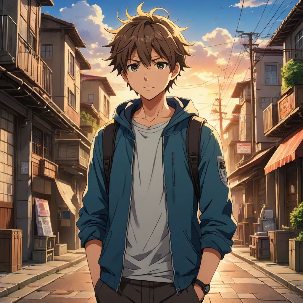 a man standing in front of a street with buildings in the background and a sky background with clouds and buildings, Aguri Uchida, sots art, a character portrait, official art