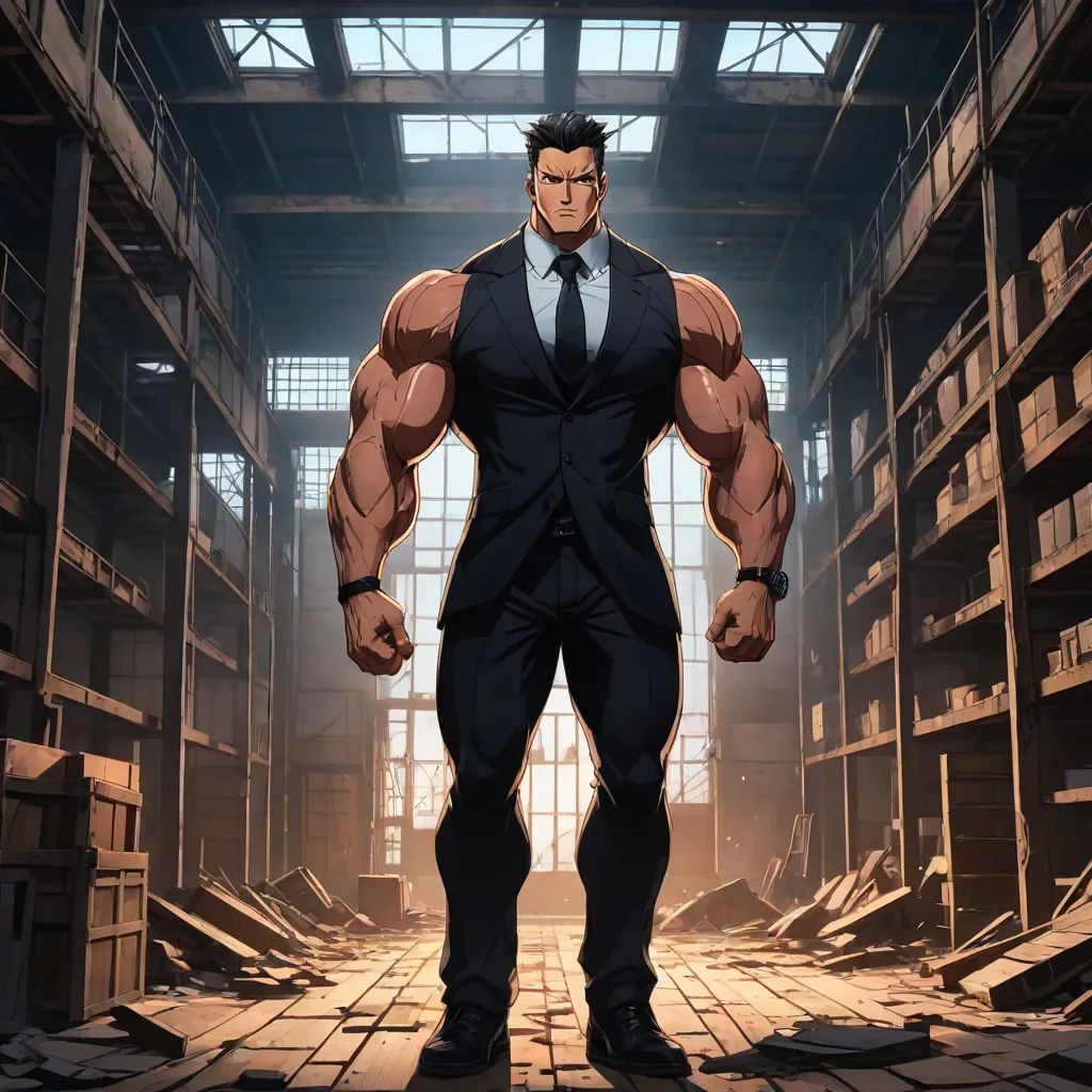 a man in a suit and tie standing in a warehouse with a huge muscles on his body and a huge chest, Dong Kingman, private press, concept art, rossdraws global illumination