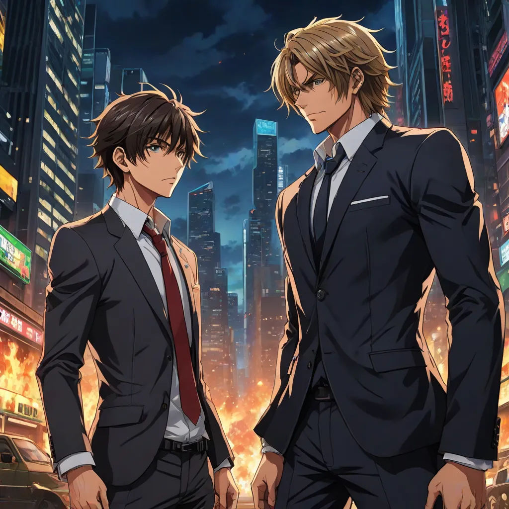 two men in suits standing in front of a cityscape at night with skyscrapers in the background, Dong Kingman, serial art, poster art, anime key visual
