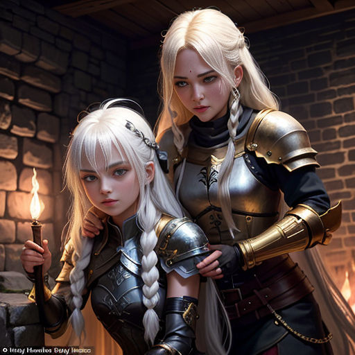 two women dressed in medieval costumes holding torches in a room with a fireplace and brick walls, one of them holding a lit candle