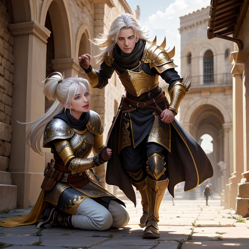 two women dressed in medieval costumes posing for a picture together in a courtyard of a castle building with arches