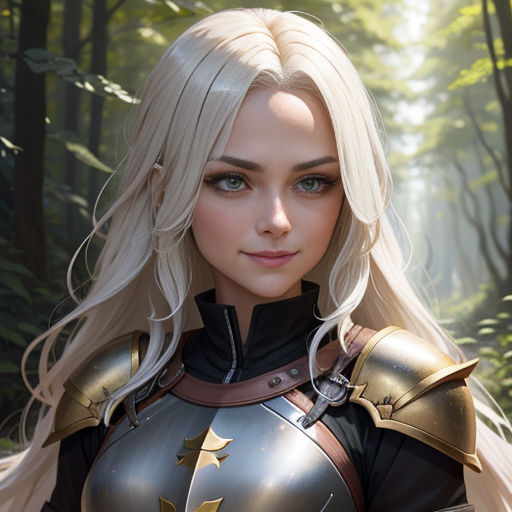 a woman in a costume standing in a forest with trees in the background and a sword in her hand