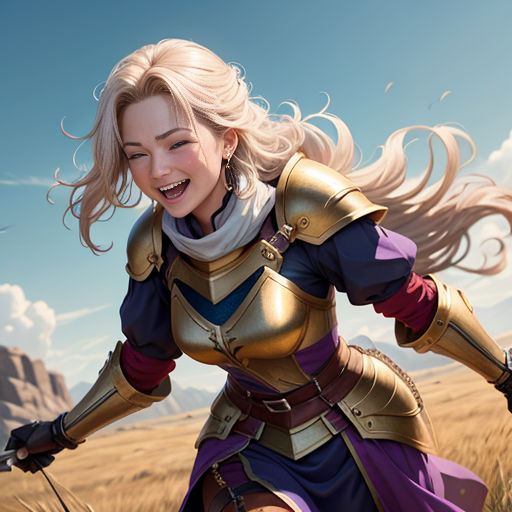 a woman in a dress and armor is running through a field of grass with a sword in her hand