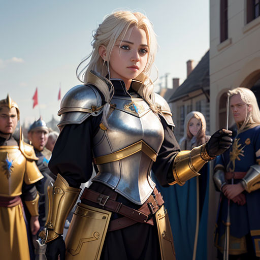 a woman in a costume standing in front of a group of people in armor and holding swords in her hands