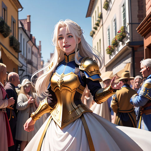 a woman dressed in a costume standing in front of a crowd of people in a street with buildings and people in the background