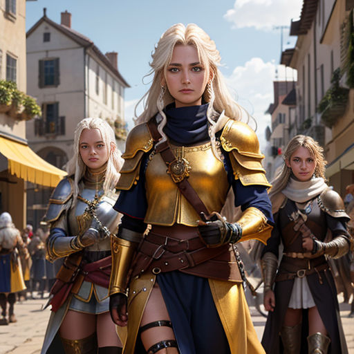 a group of women in armor walking down a street together in a city street lined with buildings and people