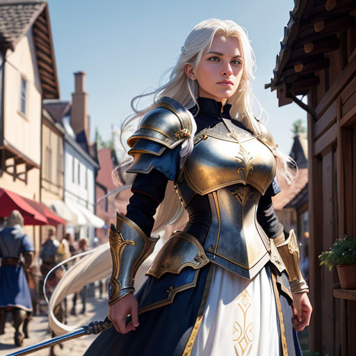 a woman in a white and gold outfit standing in a street with a sword in her hand and a building in the background