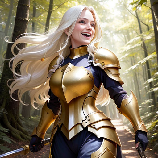 a woman in a golden armor holding a sword in a forest with trees and leaves behind her is smiling