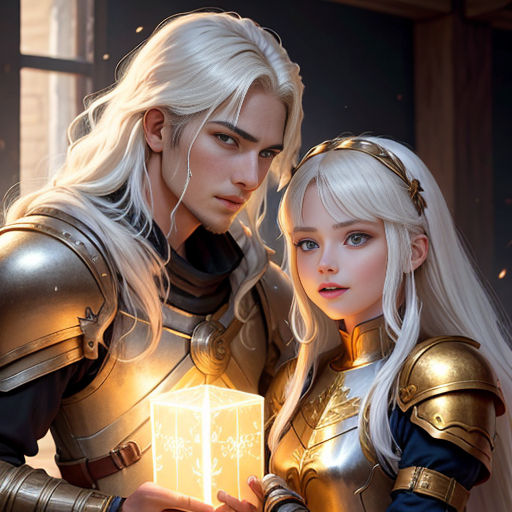 a couple of people standing next to each other holding a box of gold in their hands and a window