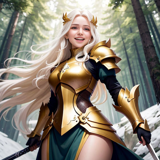 a woman in a golden armor holding a sword in a forest with snow on the ground and trees in the background
