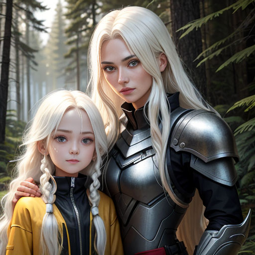two women in armor standing in a forest together, one of them is holding the other's arm