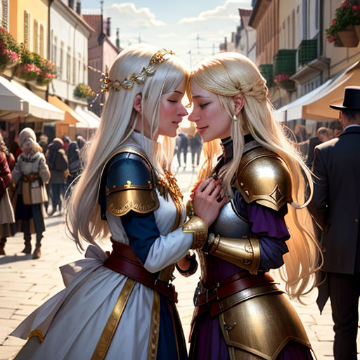 two women dressed in medieval costumes standing next to each other on a street corner with people walking around and a man in a suit