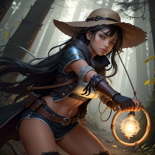 a woman in a hat holding a light in a forest with trees and leaves behind her, with a light in her hand