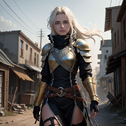 a woman in a black and gold outfit walking down a street with a sword in her hand and a building in the background