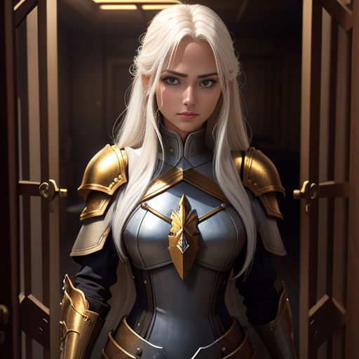 a woman in a suit with a sword standing in a doorway with a door open to another room with a door