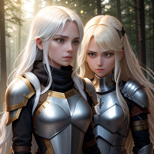 two women in armor standing in a forest together, both wearing full body armor and holding swords, both looking at the camera
