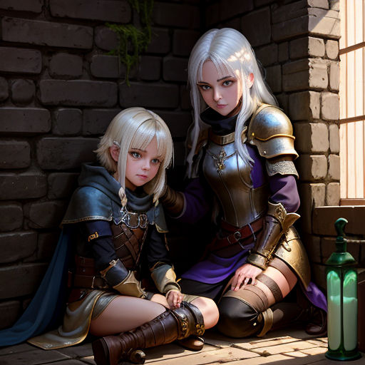 two women dressed in medieval costumes sitting on a window sill next to a brick wall and a green bottle