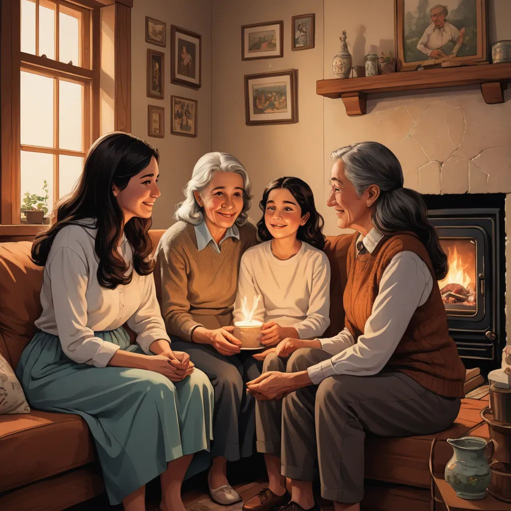 a painting of a family sitting on a couch with a candle in their hands and a man holding a candle in his hand, american scene painting, a storybook illustration, Brothers Hildebrandt, official art