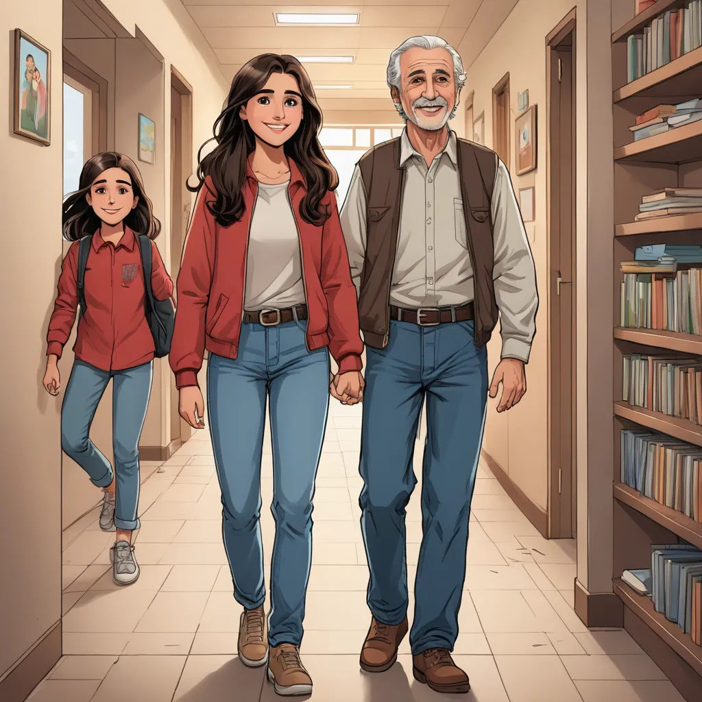 a man and a woman walking down a hallway with bookshelves behind them and a man in a vest and jeans, academic art, a storybook illustration, Ayshia Taşkın, official art