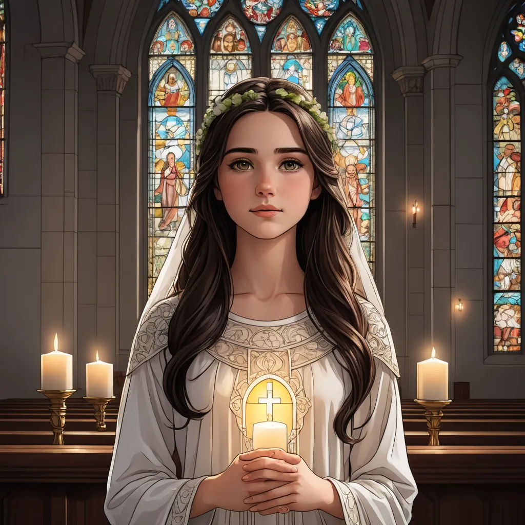 a woman in a white dress holding a lit candle in front of a stained glass window with candles in it, gothic art, a character portrait, Charlie Bowater, kinkade
