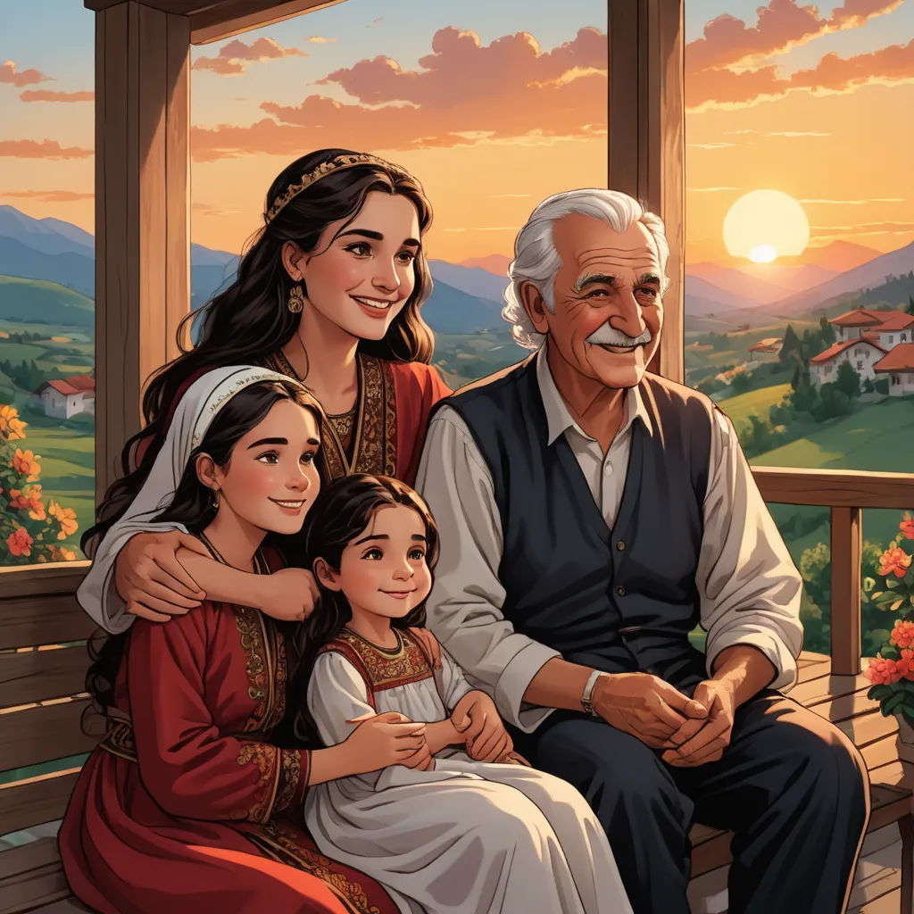 a painting of a family sitting on a porch with a sunset in the background and a house in the background, serial art, a storybook illustration, Fikret Muallâ Saygı, official art