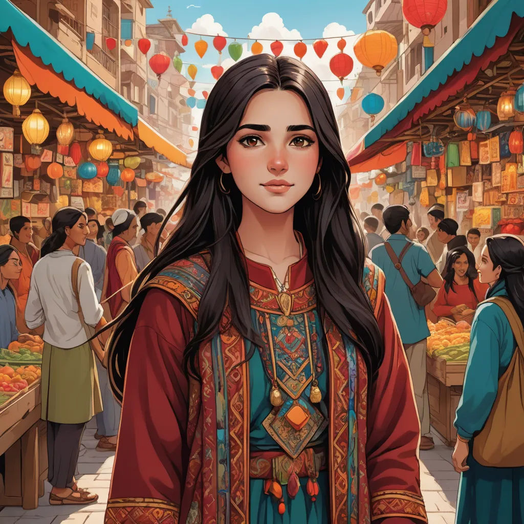 a woman in a red dress standing in a market with a lot of people in the background and a lot of lanterns, fantasy art, a detailed painting, Amir Zand, kinkade