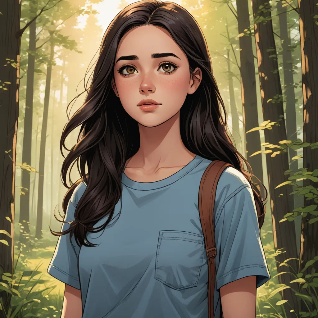 a girl in a blue shirt standing in a forest with a backpack on her shoulder and a forest background, sots art, a character portrait, Clarice Beckett, character portrait
