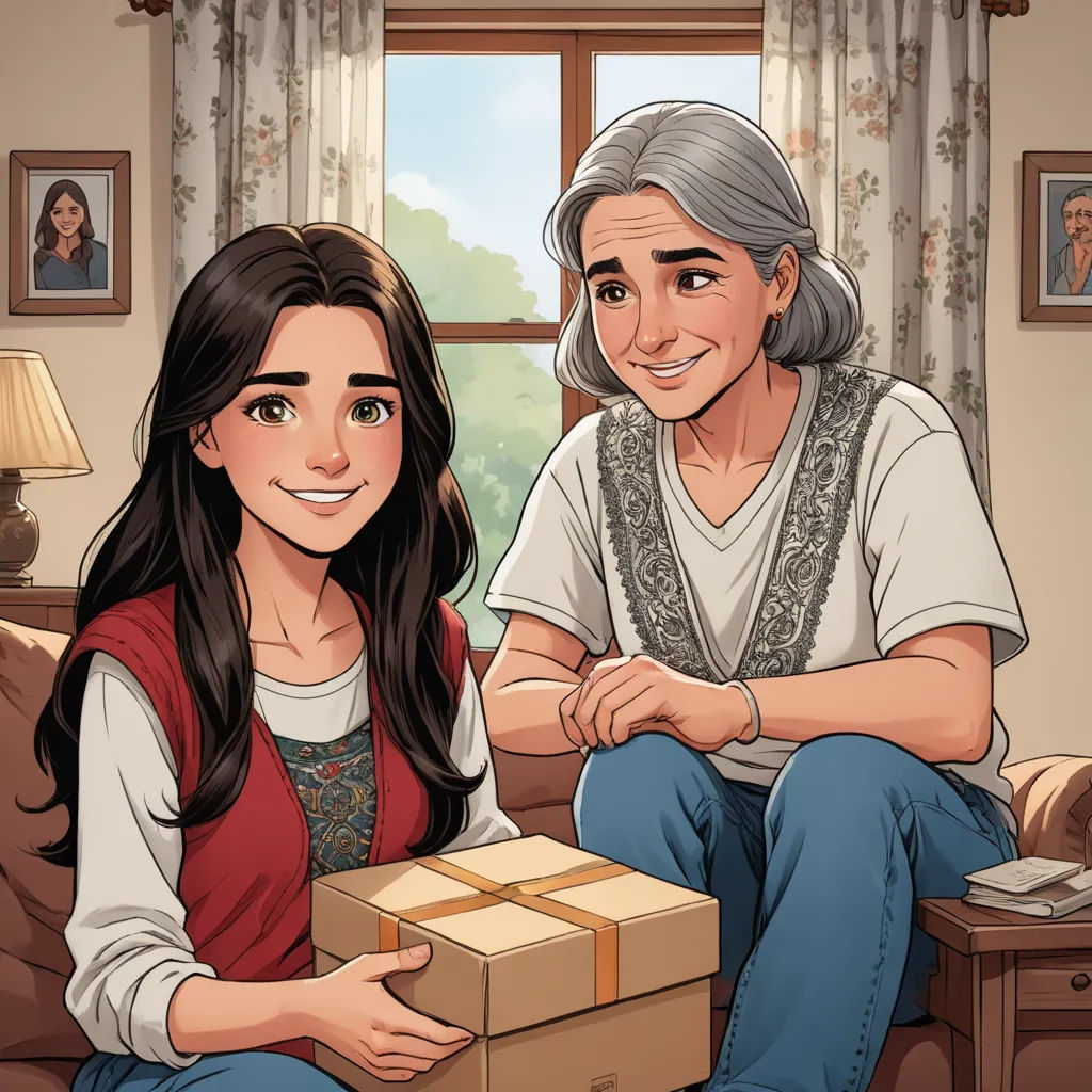 a woman sitting next to a man holding a box of pizza on a couch in a living room with a window, american scene painting, a comic book panel, Cliff Childs, comic cover art