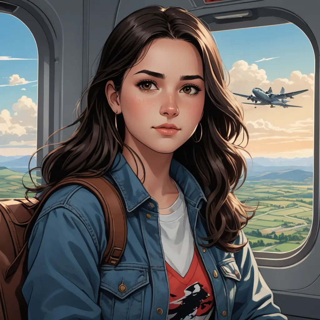 a woman sitting in a seat looking out the window of a plane with a plane in the background and a plane in the sky, fantasy art, a detailed painting, Atey Ghailan, trending on art station