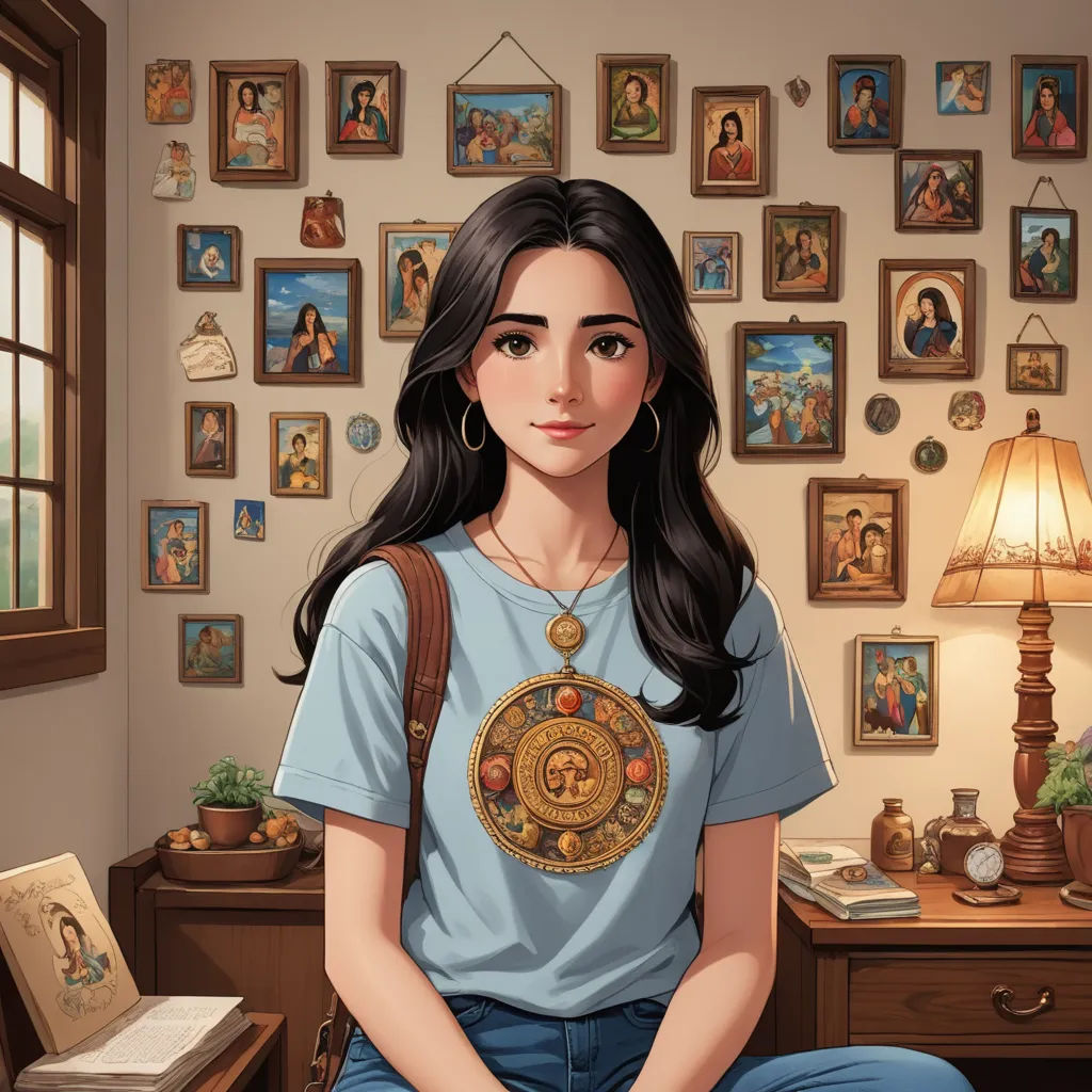 a woman sitting on a bed in front of a wall with pictures on it and a lamp on the side, aestheticism, a character portrait, artist, kinkade