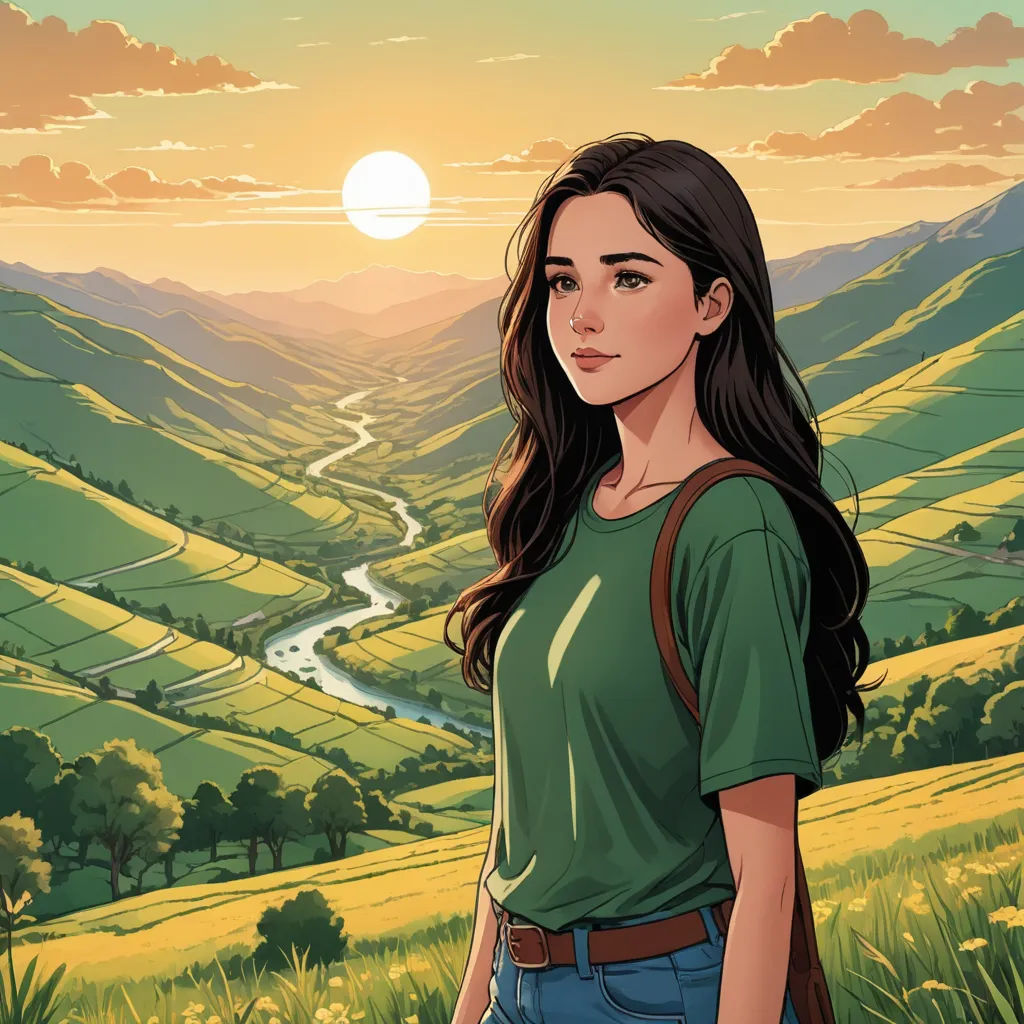 a woman standing in a field with a valley in the background and a sun setting behind her, with a river running through the valley, environmental art, a character portrait, Atey Ghailan, official art