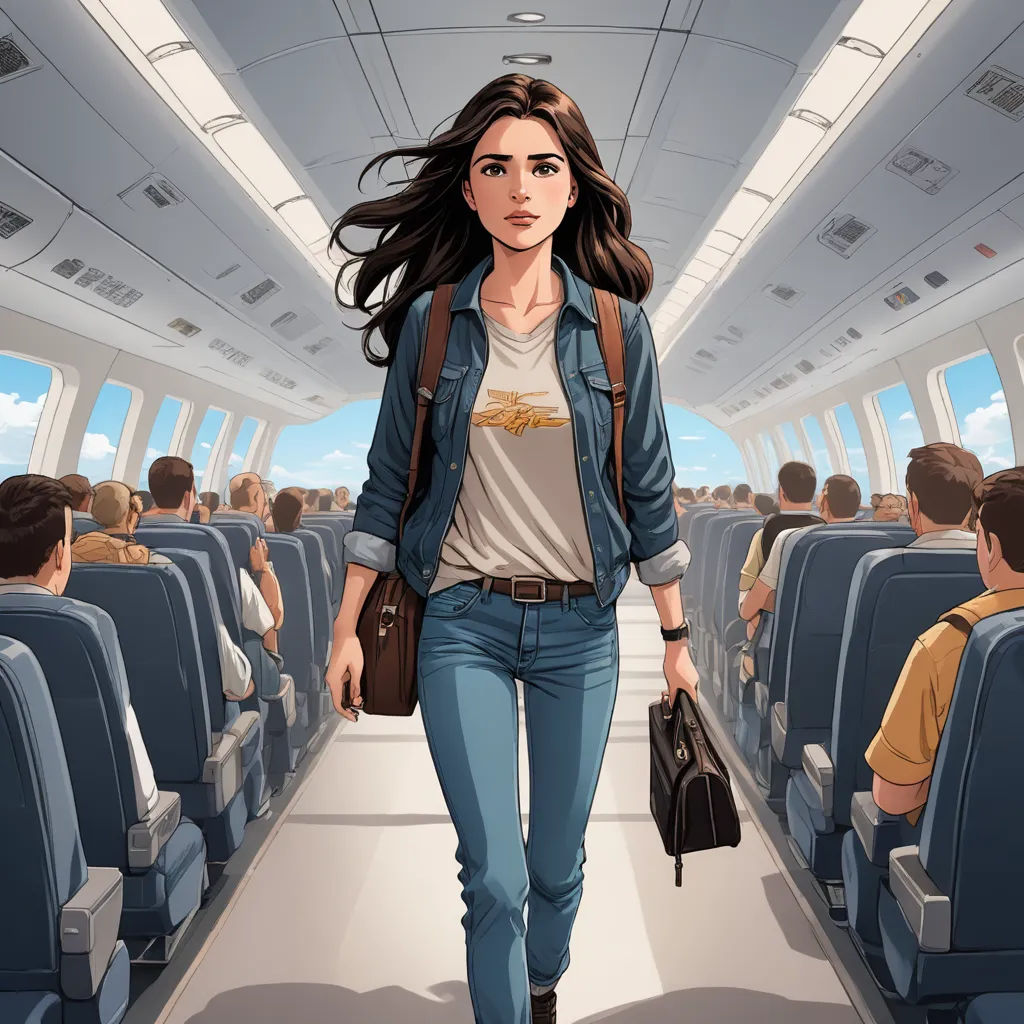 a woman walking down a flight way with a backpack on her shoulder and a handbag on her hip, sots art, a character portrait, Dirk Crabeth, graphic novel
