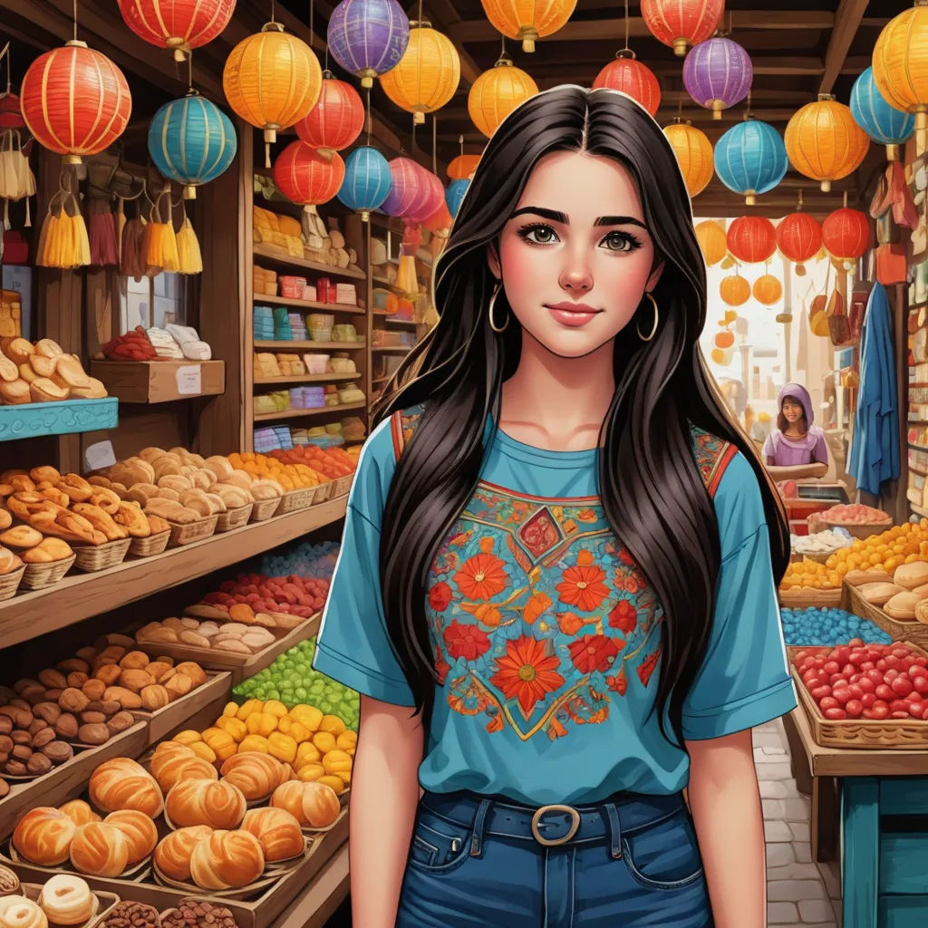 a painting of a woman standing in front of a store filled with food and paper lanterns hanging from the ceiling, aestheticism, a character portrait, Araceli Gilbert, kinkade