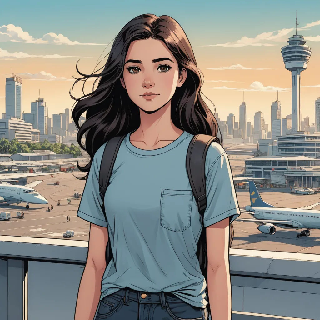 a woman standing in front of a city skyline with a backpack on her shoulder and a plane in the background, aestheticism, a comic book panel, Atey Ghailan, city background