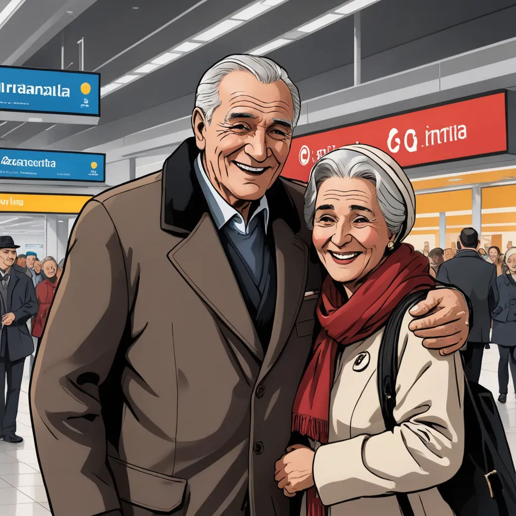 a man and woman are standing together in a train station with a crowd of people behind them and a sign that says go italia, photorealism, a storybook illustration, Avgust Černigoj, storybook illustration