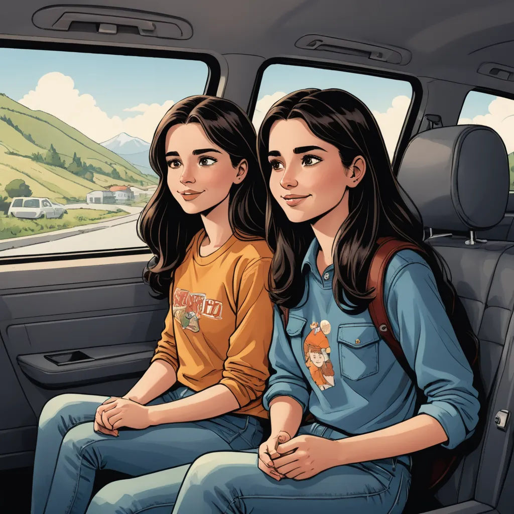 two women sitting in the back of a car looking out the window at a scenic mountain valley and a road, serial art, a comic book panel, Diego Gisbert Llorens, comic cover art