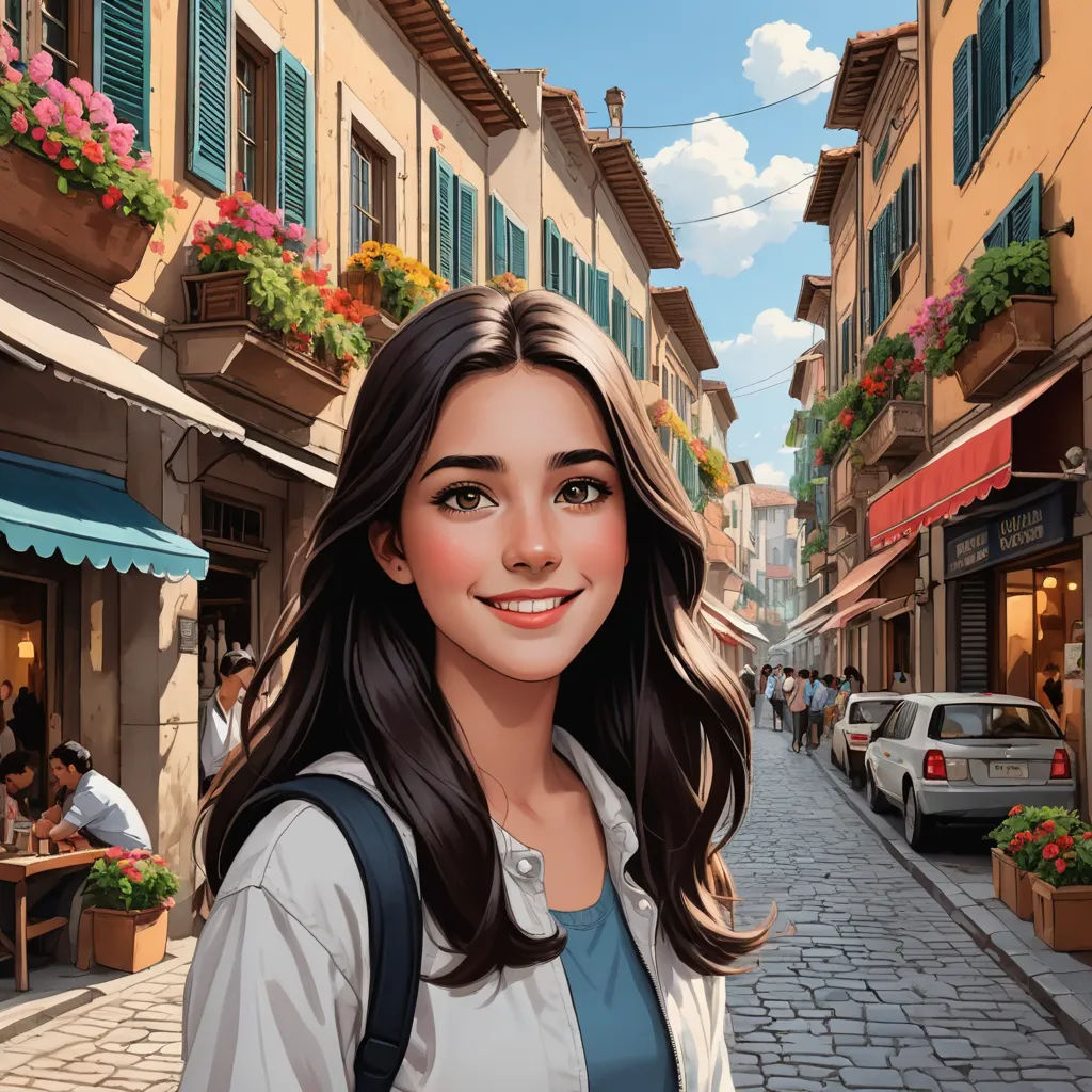 a digital painting of a woman in a street with buildings and flowers on the windows and a car parked on the side of the street, photorealism, a storybook illustration, Evgeny Lushpin, ultra realistic illustration