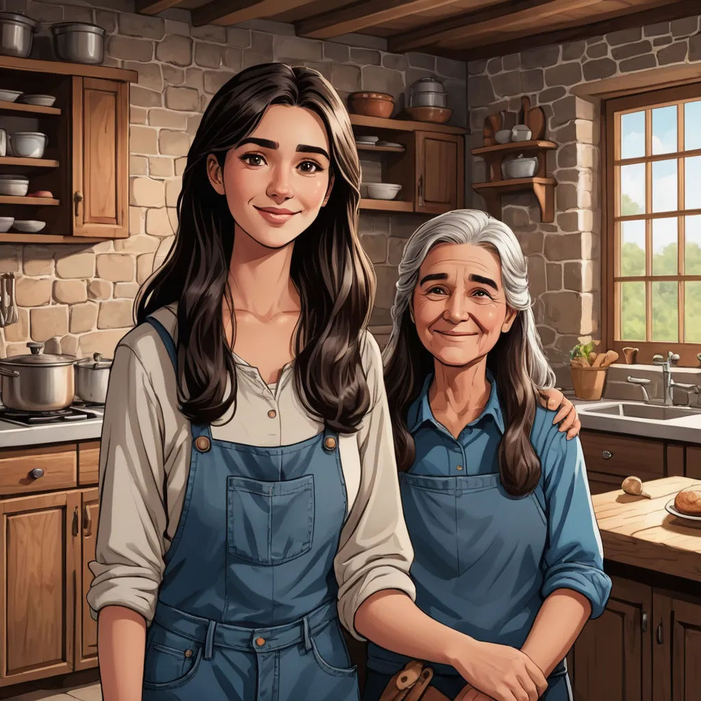 a painting of two women in a kitchen with a window behind them and a brick wall behind them, and a window behind them, american scene painting, a storybook illustration, Ada Gladys Killins, promotional image