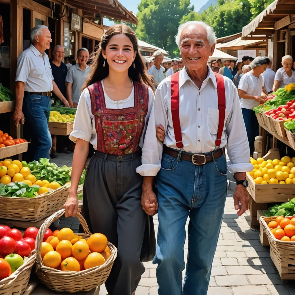 a man and woman walking through a market holding hands and smiling at the camera, with a man in overalls and a woman in overalls holding hands, german romanticism, a stock photo, Christian Hilfgott Brand, promotional image