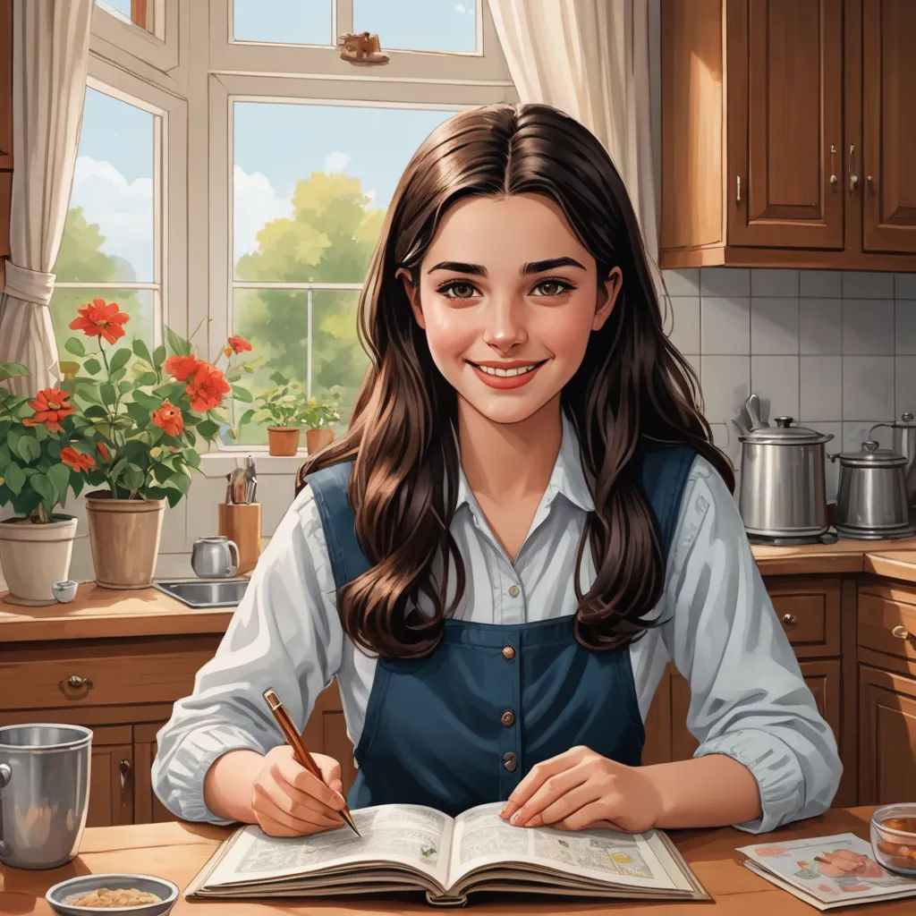 a girl sitting at a table with a book and pen in her hand and a pot of flowers in the background, photorealism, a storybook illustration, Colin Middleton, storybook illustration