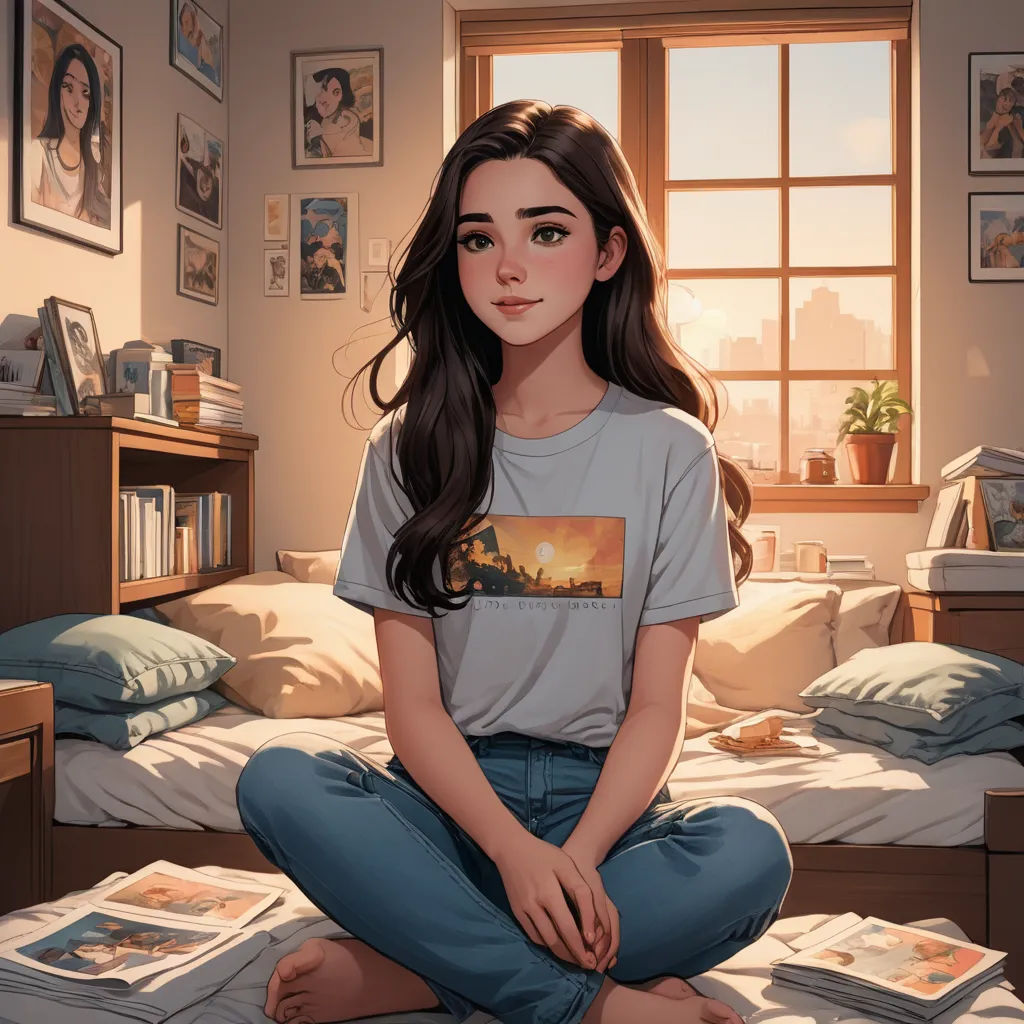 a girl sitting on a bed in a bedroom with a window and a bookcase in the background and a bed with a bookcase and a window, fantasy art, a painting, Artgerm, rossdraws global illumination