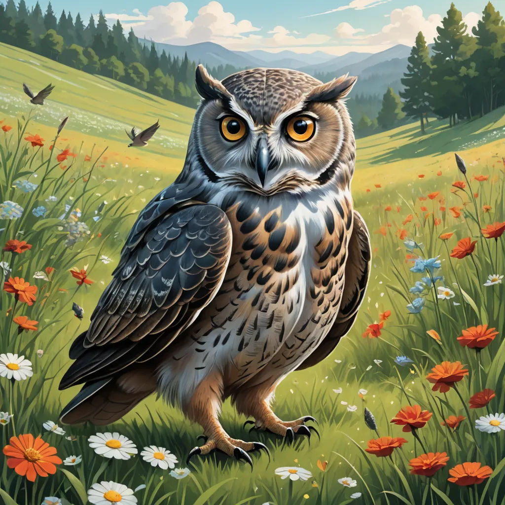 a painting of an owl in a field of flowers and grass with a bird flying above it and a mountain in the background, fantasy art, a storybook illustration, Chris LaBrooy, highly detailed digital painting
