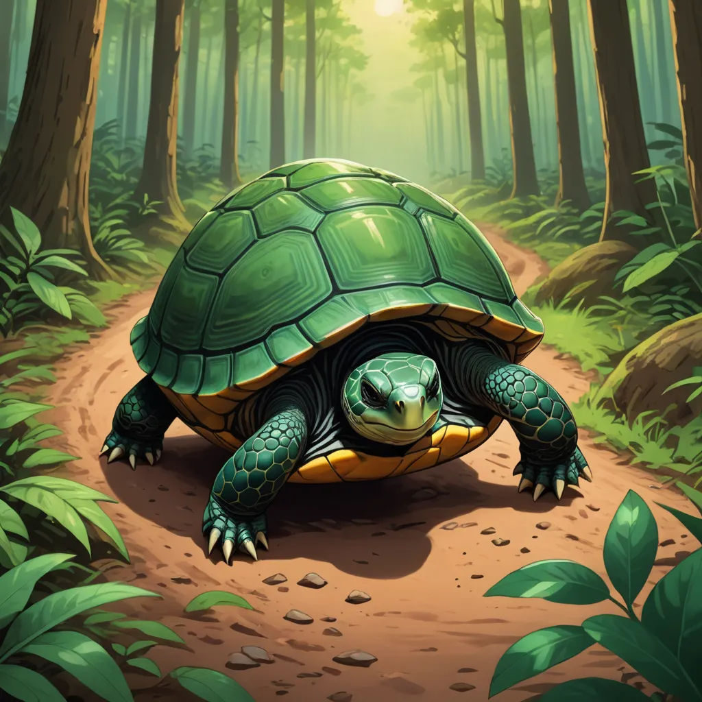 a turtle is walking through the forest on a path with leaves and trees around it, with the sun shining on the ground, sots art, an illustration of, Dan Mumford, official art