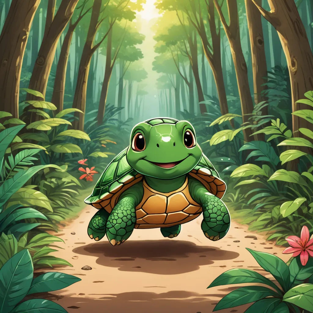 a green turtle is walking through the forest with a bright light on its face and head, with a path leading to the forest, sots art, a storybook illustration, Chris LaBrooy, storybook illustration