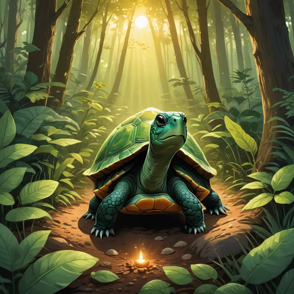 a turtle sitting on a path in the middle of a forest with a light shining on it's head, sots art, a storybook illustration, Chris LaBrooy, magic the gathering artwork