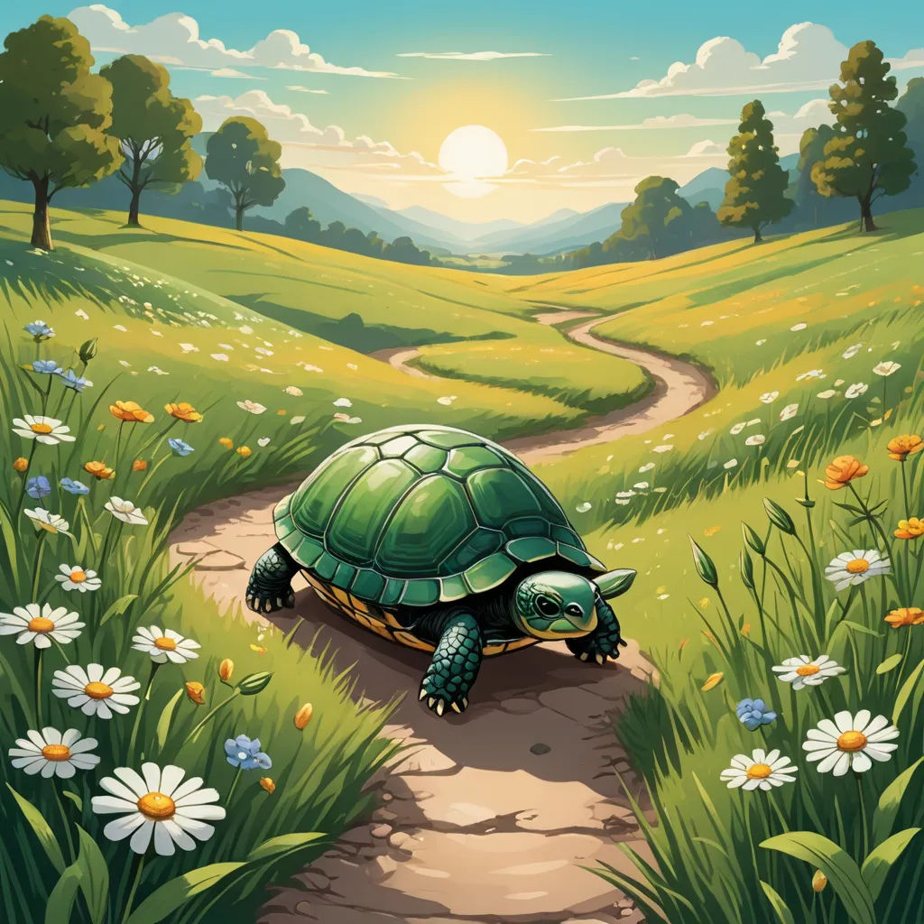 a cartoon turtle is walking down a path in a field of flowers and grass with a sun in the background, fantasy art, a storybook illustration, Chris LaBrooy, storybook illustration