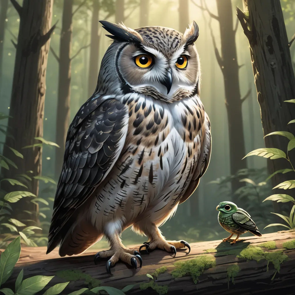a painting of an owl and a frog in a forest with trees and grass and sunlight shining through the trees, fantasy art, a storybook illustration, Chris LaBrooy, magic the gathering artwork