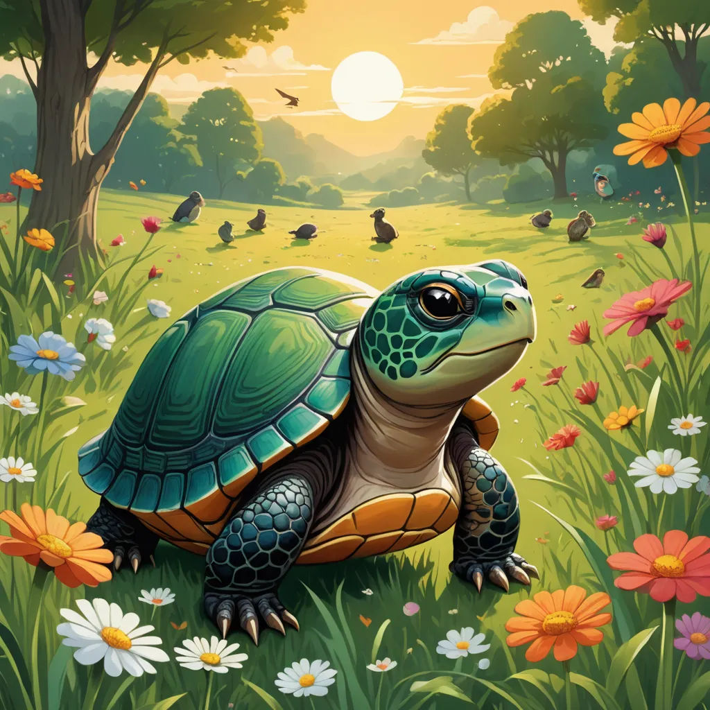 a turtle is sitting in the grass with flowers and birds around it, and a sun is shining in the background, fantasy art, a storybook illustration, Chris LaBrooy, magic the gathering artwork