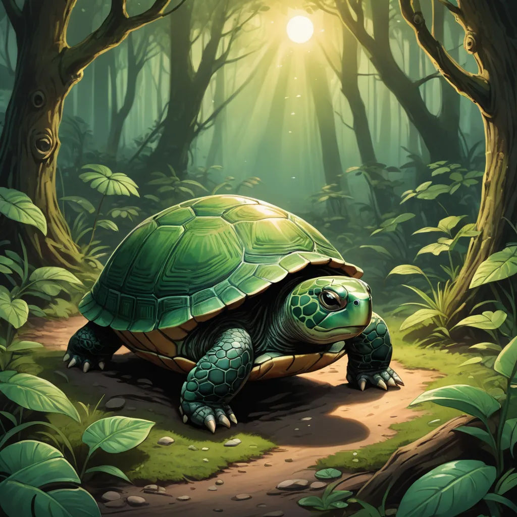 a turtle in the middle of a forest with a light shining on it's head and head,, fantasy art, a storybook illustration, Brom, magic the gathering artwork