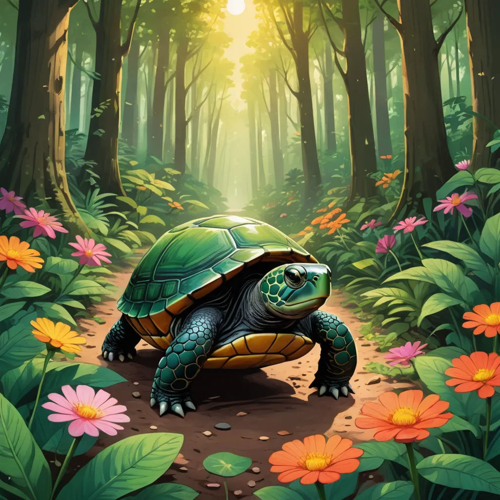 a turtle is walking through a forest with flowers and trees in the background, with the sun shining through the trees, fantasy art, a digital painting, Chris LaBrooy, magic the gathering artwork